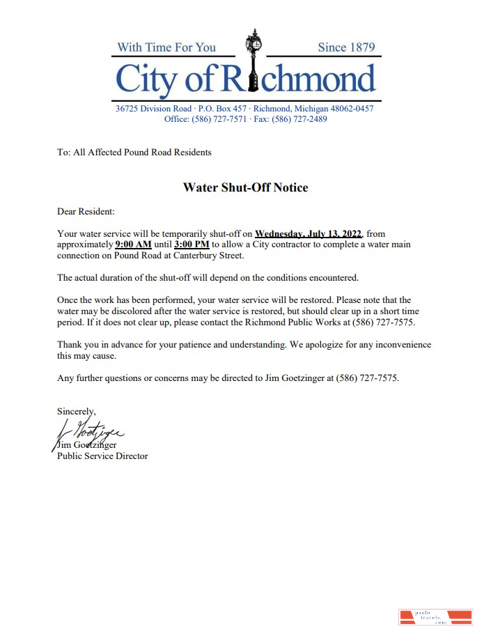 USA Michigan City of Richmond water utility bill shutoff notice, Word and PDF template